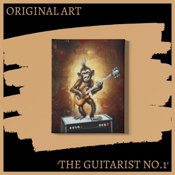 Mockup of The Guitarist no.1 art piece by Laurence Fleming Art Studio of a monkey excitedly playing an electric guitar while standing atop an amplified speaker with a warm background