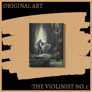 Mockup of The Violinist no.1 art piece by Laurence Fleming Art Studio of a Silverback gorilla reverently playing his violin in an abandoned musichall