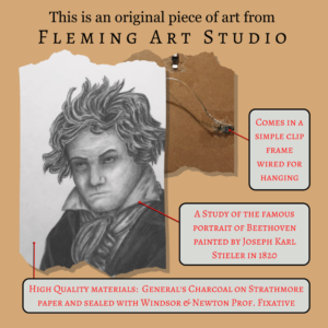 Experience the brilliance of Beethoven with this stunning charcoal drawing on Strathmore paper, expertly crafted by Laurence Fleming of Fleming Art Studio.