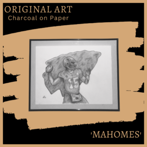 Experience the dynamic energy of Kansas City Chiefs' quarterback Patrick Mahomes with this stunning charcoal drawing by Fleming Art Studio.