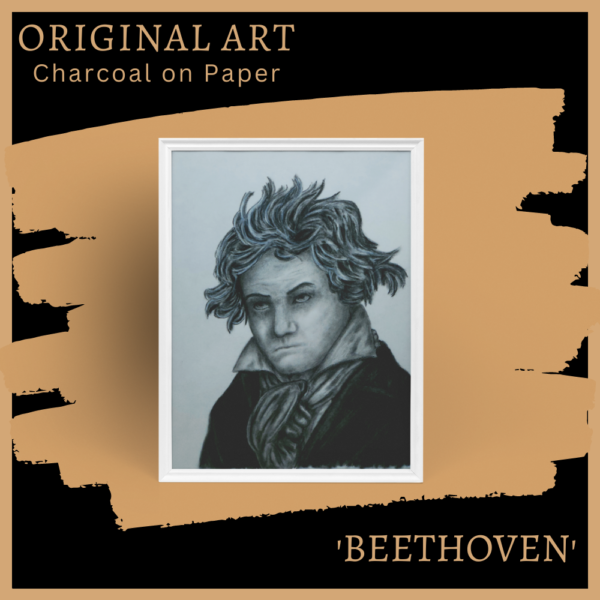 Experience the brilliance of Beethoven with this stunning charcoal drawing on Strathmore paper, expertly crafted by Laurence Fleming of Fleming Art Studio.